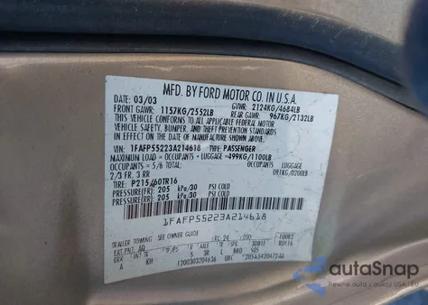 2003 Ford Taurus Ses z USA, uszkodzony, nr VIN 1FAFP55223A214618